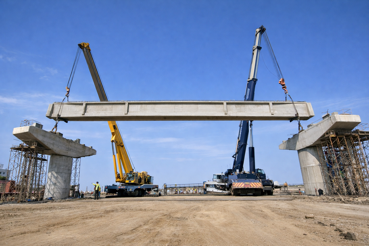 girder launching, crane launching girders, bridge girder launching