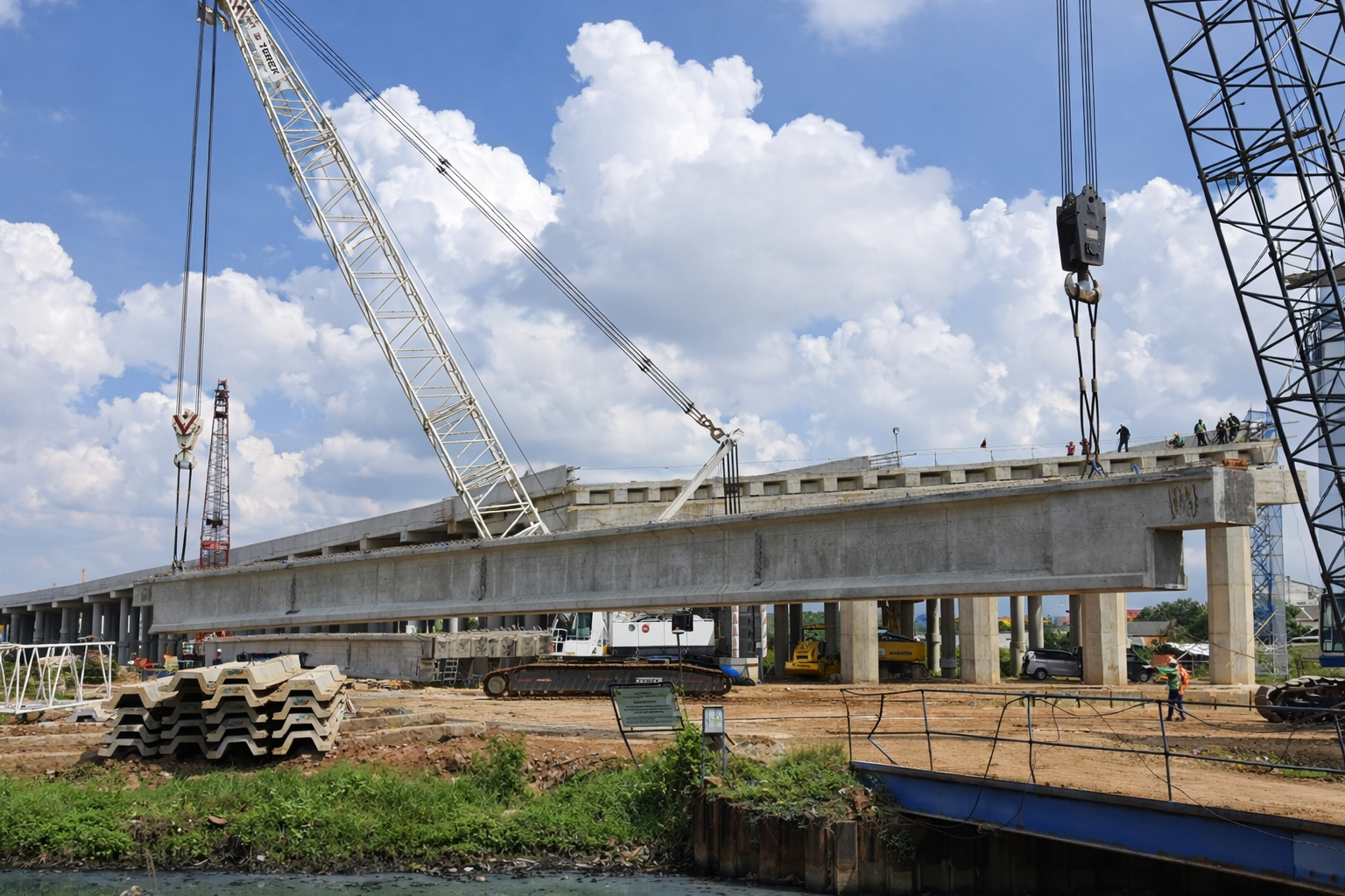 girder launching, crane launching girders, bridge girder launching